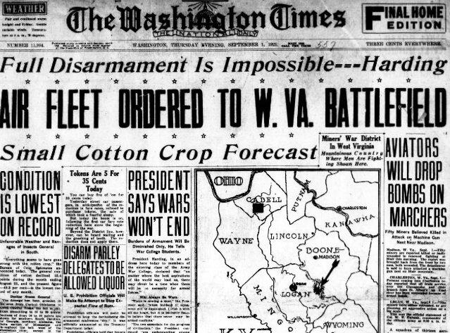 President Harding sends the U.S. military air fleet to West Virginia to drop bombs on the miners. The first and only time the U.S. military has bombed U.S. citizens.